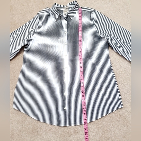 Chico’s No Iron Button Front Shirt Size 12/14 Blue/gray White Stripe 3/4 Sleeve - Picture 7 of 10